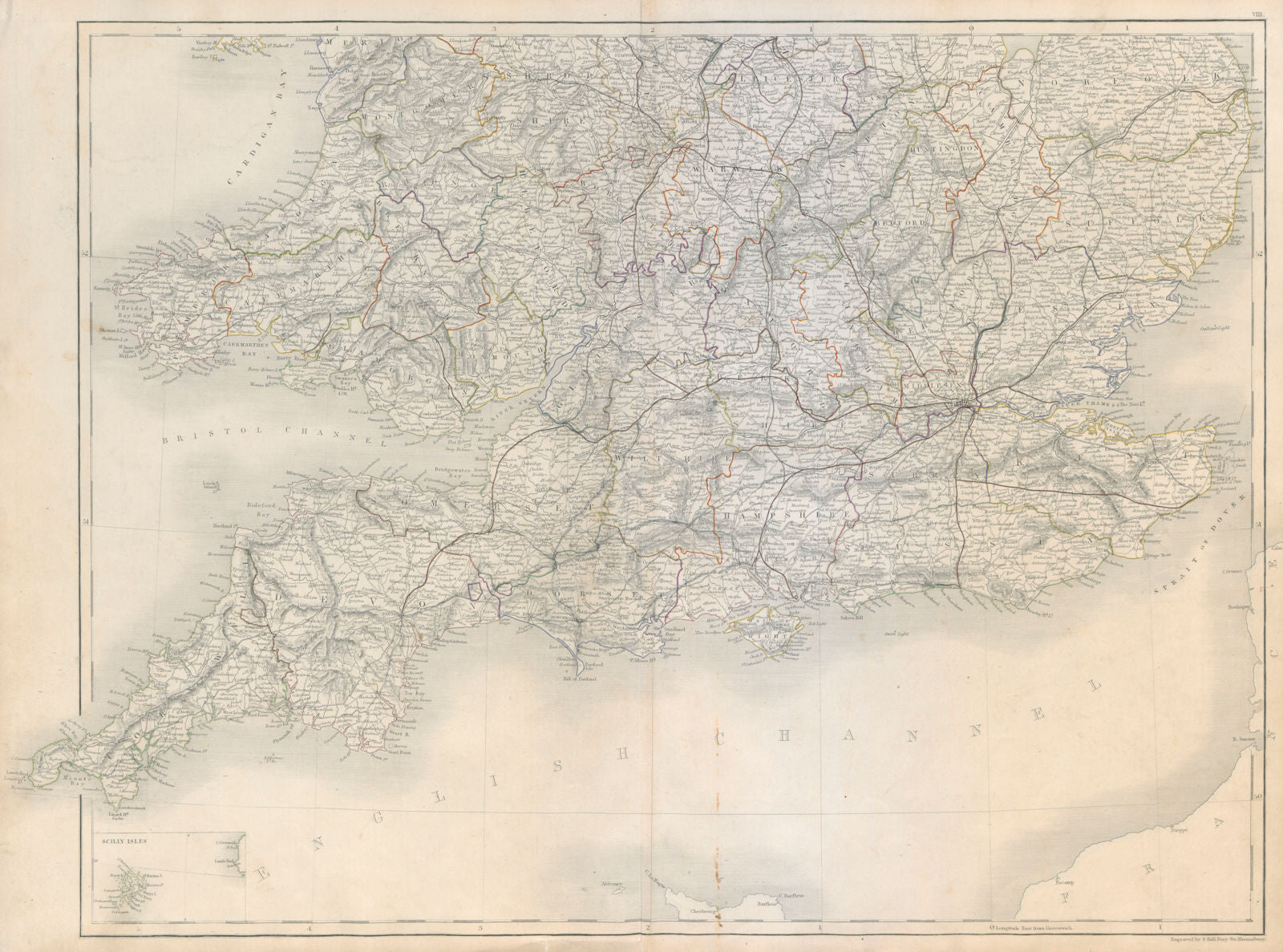 England and Wales. South sheet. Railways. SIDNEY HALL c1845 old antique map